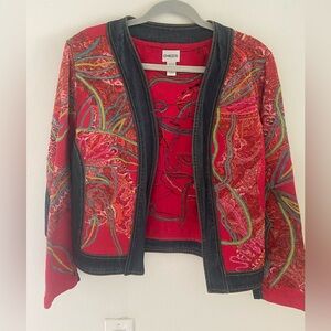 Chico's Red and Blue Denim Embroidered Bolero Open Front Cardigan Is Size L